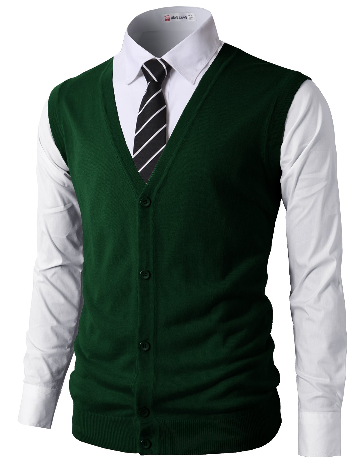 H2H Mens Casual Slim Fit Thin Fabric Knitted V-Neck Button-Down Vests DarkGreen US L/Asia XL (CMOV038)