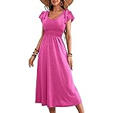 Dokotoo Women's Ruffle Short Sleeve High Waisted Midi Dress 2025 Spring Summer Casual Crewneck A-Line Dress