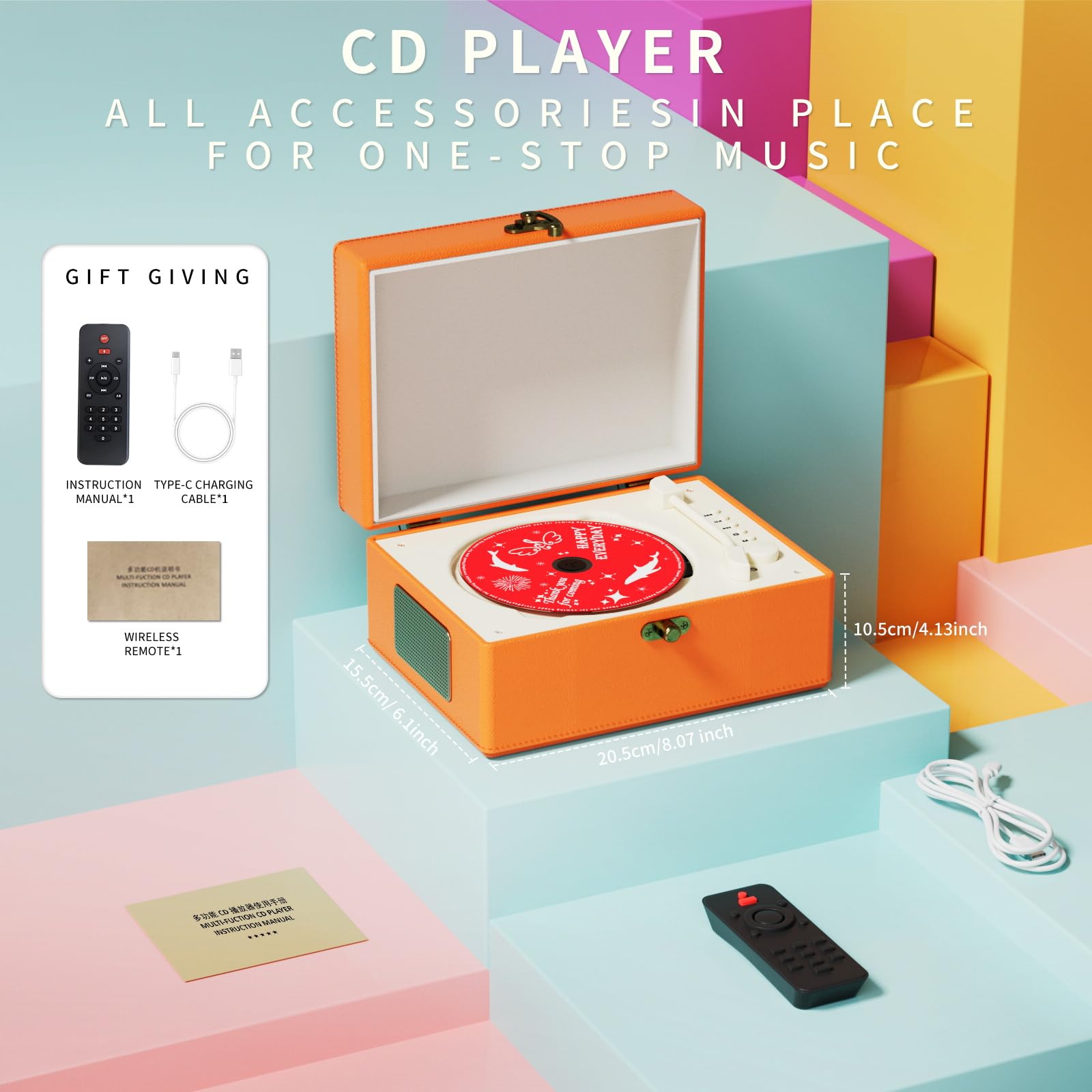 Yintiny Time Music Box CD Player with Speakers; Bluetooth Transmitter; Festival Gift; BGM Player for Home Decor (Orange)