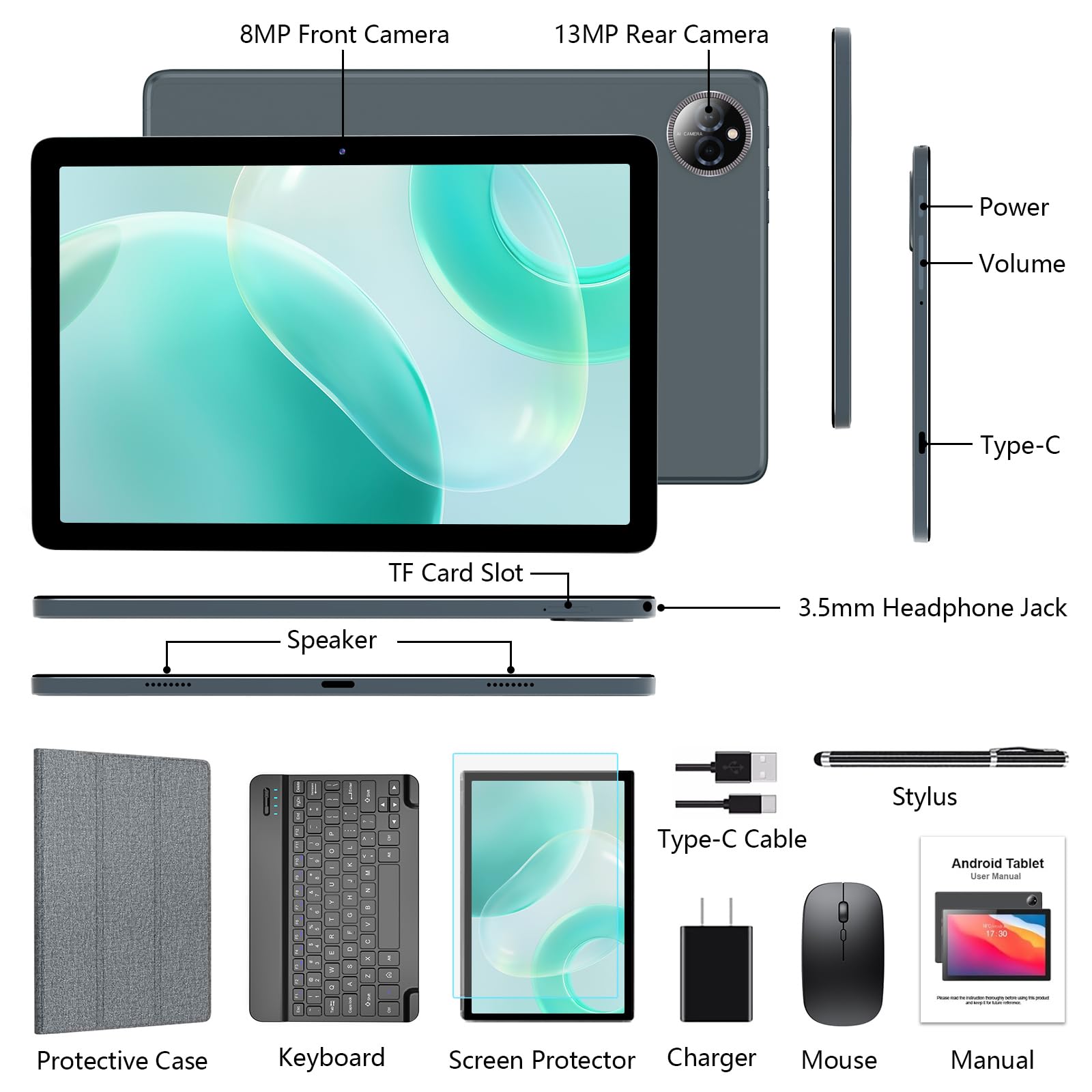 Android 14 Tablet 10 Inch, 4G Cellular Tablets, Octa-Core, 128GB Storage + 14(8+6)GB RAM/ 1TB Expandable, 5G WiFi, 8000mAh Battery, Bluetooth 5.0, 13MP+8MP Camera, Tableta with Keyboard/Case Kit, Gray