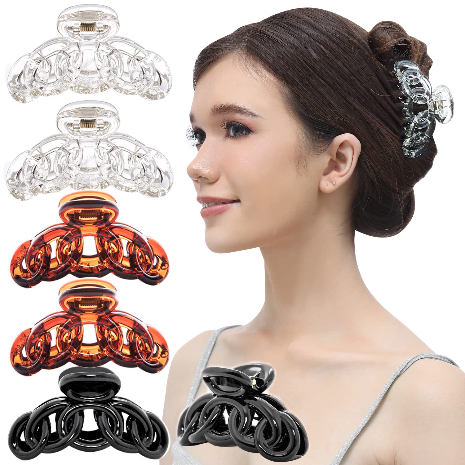 RC ROCHE ORNAMENT 6 Pcs Womens Vintage No Slip Strong Hold Sectioning Styling Power Beauty Fashion Girl Accessories Barrette Hairgrip Hair Jaw Clamp Claw Clip, Medium Clear Brown and Black