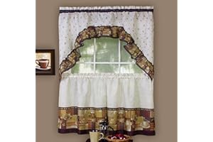 ACHIM HOME FURNISHINGS Embellished Tier and Swag Window Curtain Set - 57 Inch Width, 24 Inch Length - Coffee - Light Filtering Polyester Drapes for Kitchen, Bedroom, Living & Dining Room by Achim Home Decor