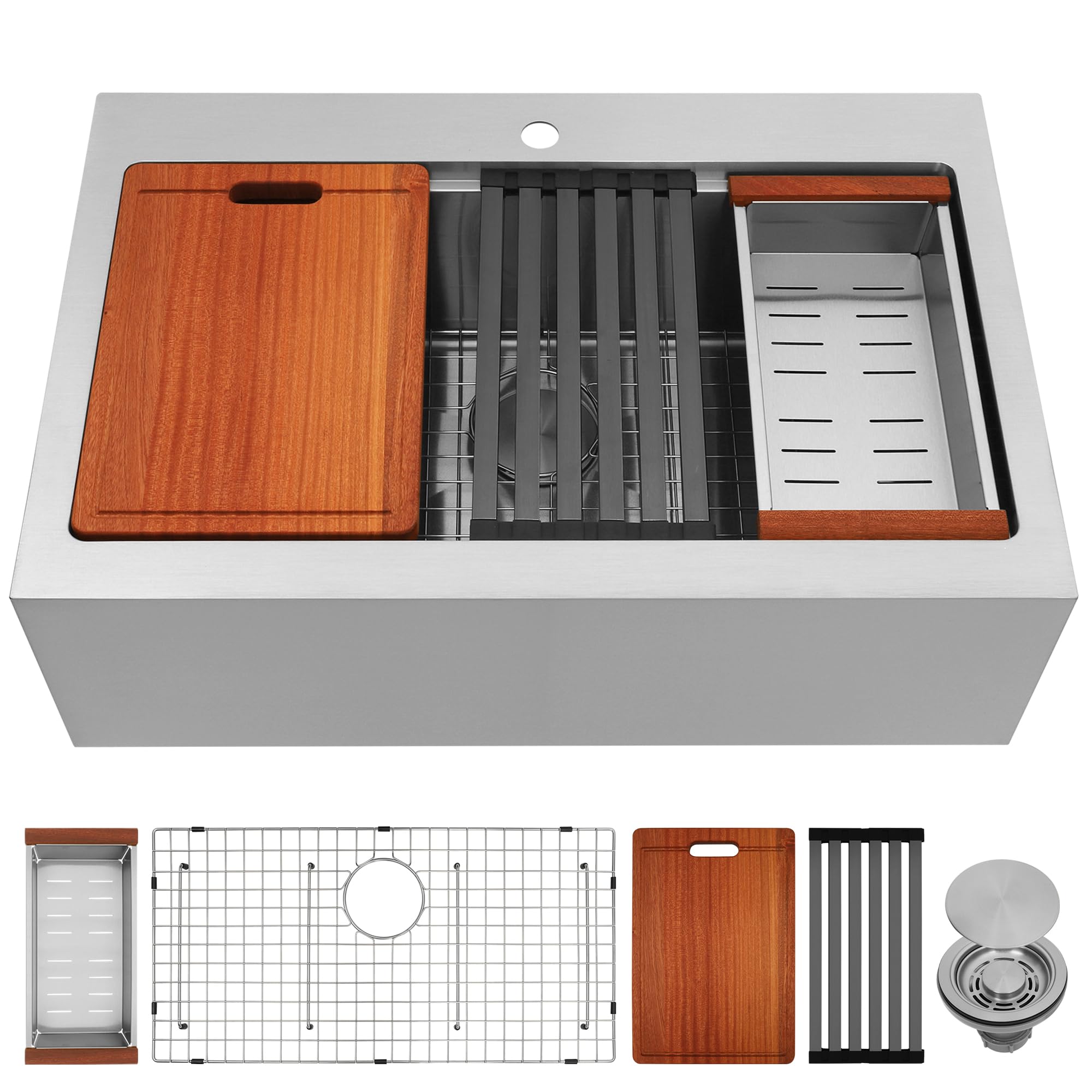 Photo 1 of *MINOR DAMAGE - USED*
YetCrest 33 Inch Farmhouse Sink, 16 Gauge 304 Stainless Steel Farm Sinks, Drop In Topmount Single Bowl Workstation Sink with all Accessories, 33" x 22" x 10" Large and Deep Kitchen Sink