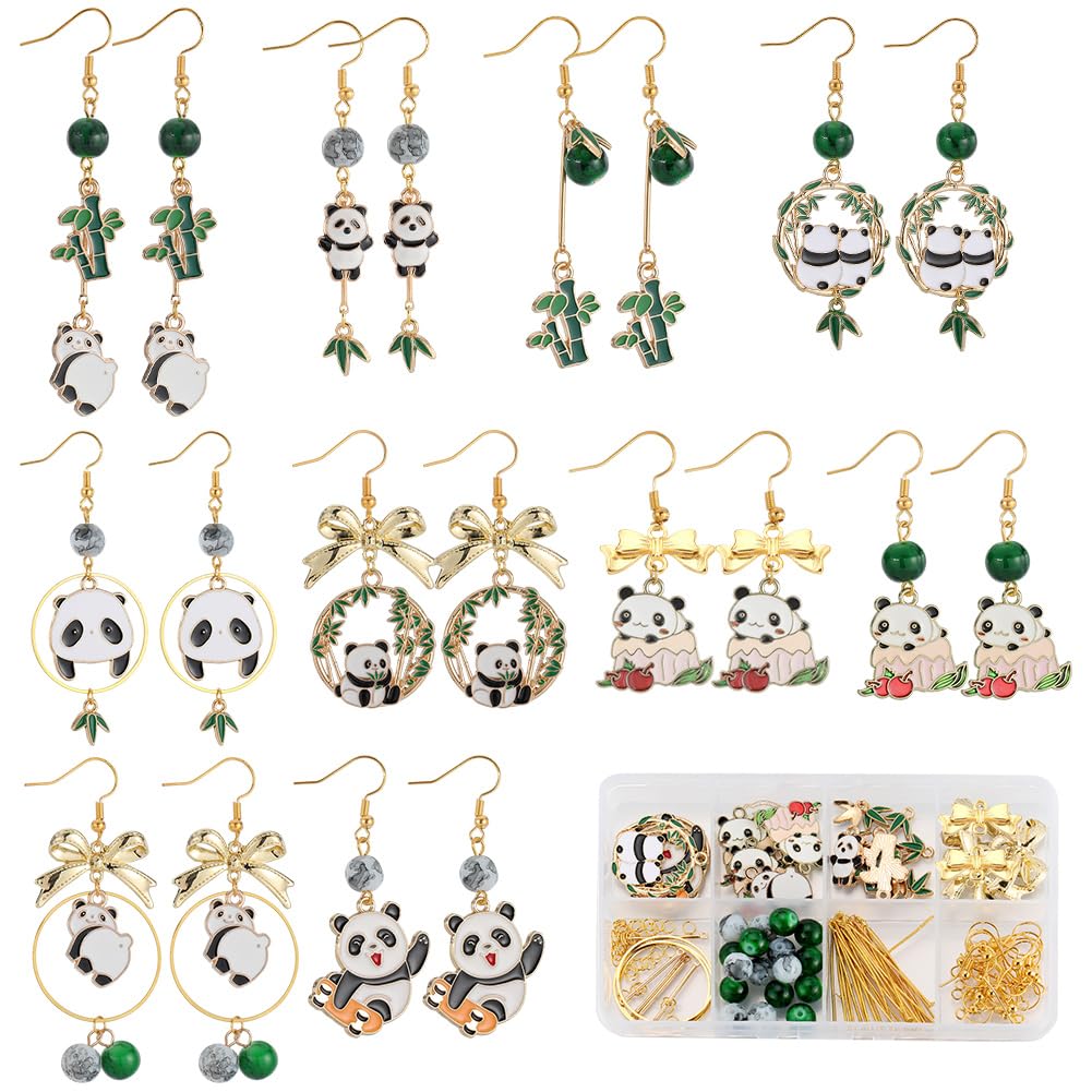 SUNNYCLUE 1 Box DIY 10 Pairs Panda Charms Cute Enamel Animal Charm Women Dangle Earrings Making Kit Bear Bamboo Cake Charm Round Glass Beads Bowknot Linking Connector Charms for Jewellery Making Kits