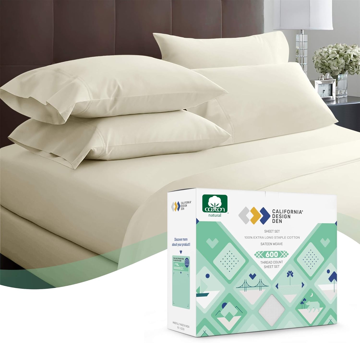 Amazon Com 600 Thread Count 100 Cotton Sheets Ivory Extra Long Staple Cotton Twin Sheets For Kids Adults Fits Mattress 15 Deep Pocket Sateen Weave Soft Cotton 3 Piece Bed Sheets Set