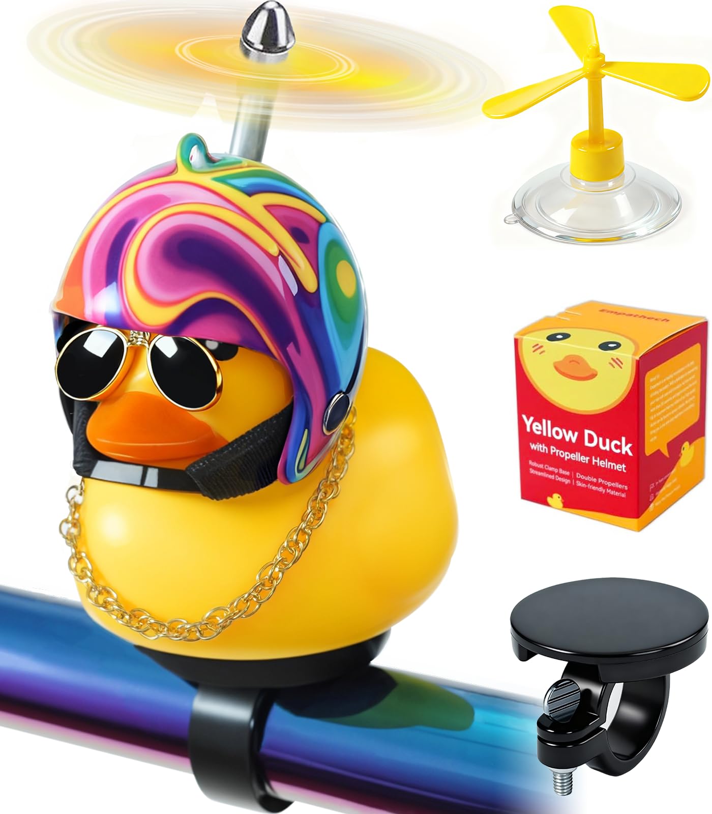 Photo 1 of **FACTORY SEALED** EMPATHECH Rubber Duck Bike Decorations [New Stable Clamp Mount] Cute Squeak Duck Bike Bell [Two Helmet Propeller] Funny Bike Accessories e Scooter Accessories Motorcycle Accessories Cycling Gifts