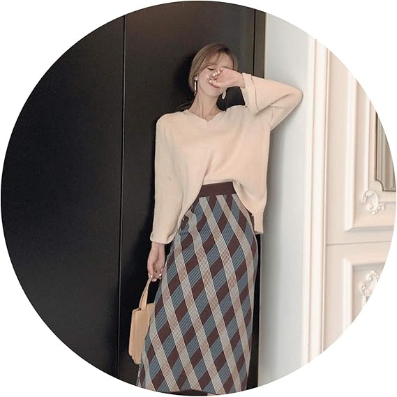 Amazon 冬スカート 冬なのに可愛いいショットロングニットバッグスカート秋 冬の チェック柄ワンステップウールスカート ブルー ワンサイズ スカート 通販