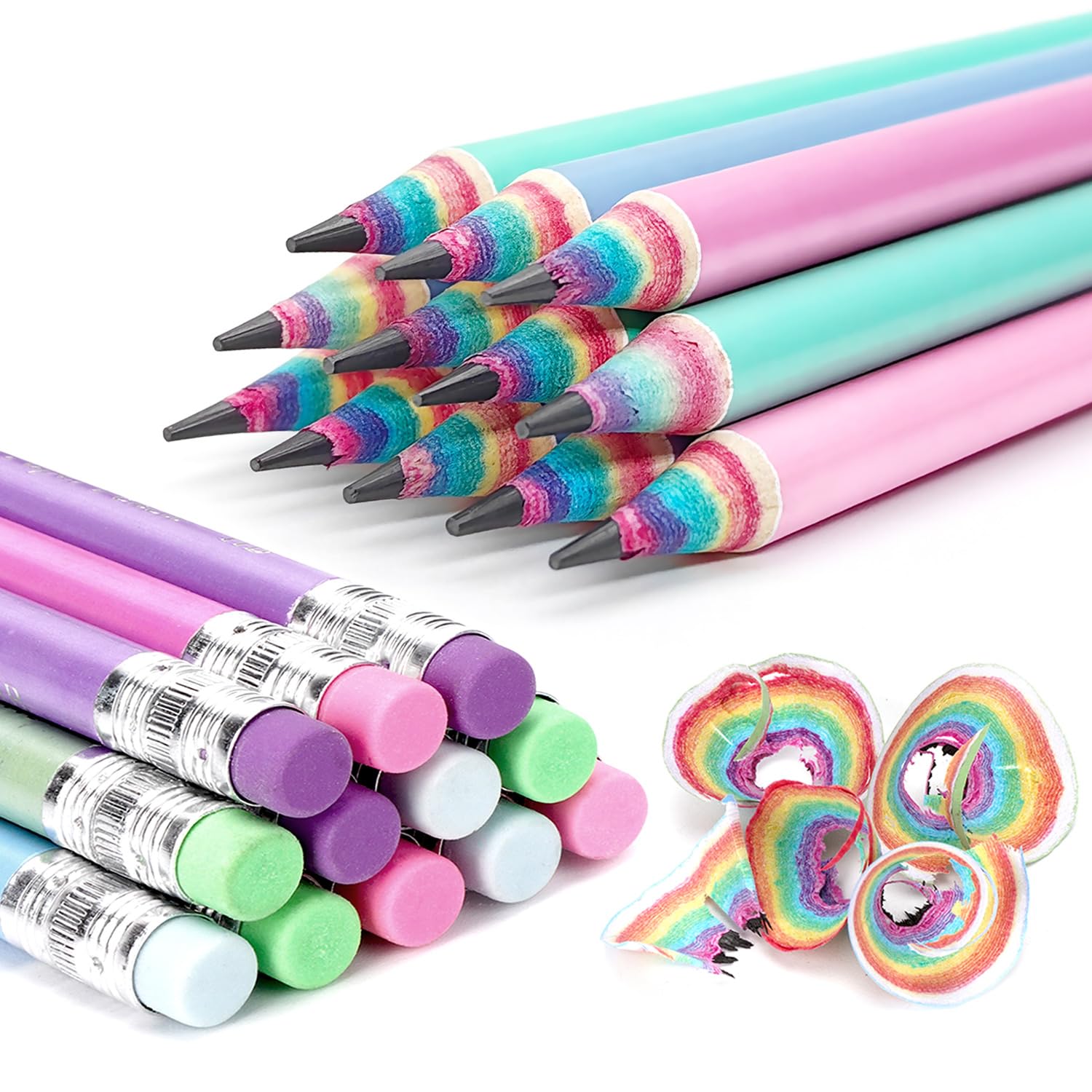 Hanffero Rainbow Pencils, Writing Drawing Pencil with Rubber, Recyclable Paper Material, Pre-Sharpened, for School and Office - Hardness #2 HB (Pack of 12)