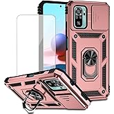 Yodueiv for Redmi Note 10/RedmiNote 10S/Poco M5S Case with Tempered Glass Screen Protector and Slide Camera Cover, Magnetic Ring Car Mount Holder Protective Cover for Xiaomi Redmi Note 10S Rose Gold