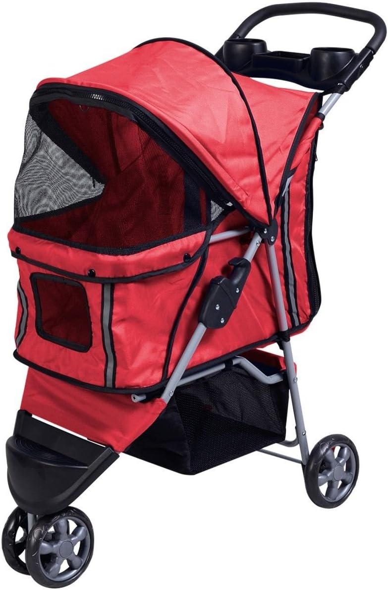 Pet Strollers Cat Dog 3 Wheels Stroller Travel Folding Easy Walk Carrier (Red)
