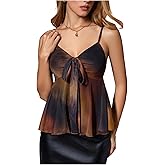 SHENHE Women's Y2k Mesh Babydoll Tank Top Bowknot Spaghetti Strap Tie Dye Peplum Camisole