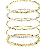 Tyebiva Gold Beaded Stack Bracelets Set for Women, 4Pcs Trendy Boho Handmade White Ball Beads Stackable Stretch Friendship Bracelet Outfit Accessories Jewelry Gift.