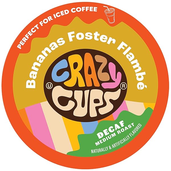 CRAZY CUPS DECAF BANANA COFFEE PODS, DECAFFEINATED BANANAS FOSTER FLAMBE FLAVORED COFFEE, SINGLE SERVE HOT OR ICED MEDIUM ROAST COFFEE FOR KEURIG K CUPS MACHINES, 22 COUNT