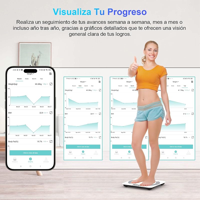 Bascula de Baño Digital, Bascula Grasa Corporal y Muscular con App, Bascula para peso corporal Inteligente, 13 Monitores de Composición Corporal Peso IMC Muscular, Máximo 180kg