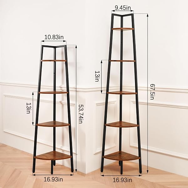 YOOBURE CORNER SHELF, 5-TIER CORNER BOOKSHELF WITH METAL FRAME & WOOD LADDER SHELVES – DISPLAY SHELF & TALL BOOKCASE, PLANT STAND FOR HOME DECOR – BEDROOM, LIVING ROOM, OFFICE