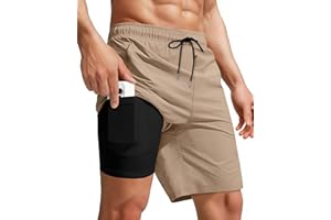 Yufawow Men Swim Trunks with Compression 9 Inches Breathabe Liner Quick Dry Zipper Pockets for Board Beach Gym Running