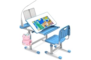 BELANITAS Kids Desk and Chair Set, Height Adjustable Kids School Desk for Kids, 40 Degree Tiltable Kids Study Desk with 3 Mode Light, Child Desk for Go Back School Gift, Blue