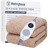 Westinghouse Electric Blanket Throw Size, Soft Plush Sherpa Heated Blanket with 6 Heating Levels & 2-10 Hours Auto-Off, Machine Washable, 50x60 inches, Camel