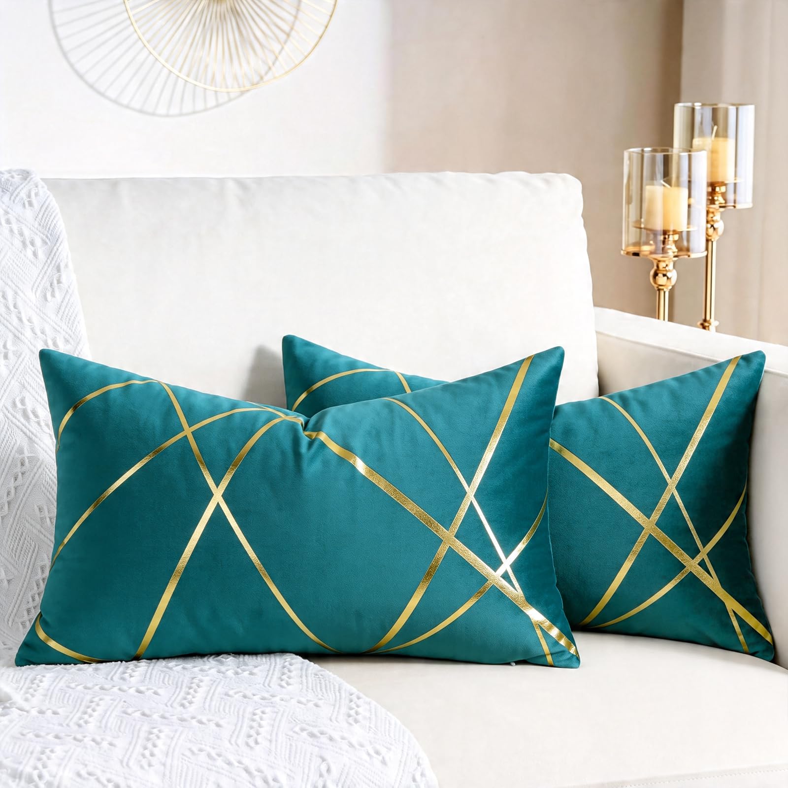 Velvet Cushion Cover Teal Decorative Throw Pillow Covers Gold Lines Square Geometry Cushion Case Soft Home for Living Room Bedroom Pack of 2 12 x 20 Inch — image 1