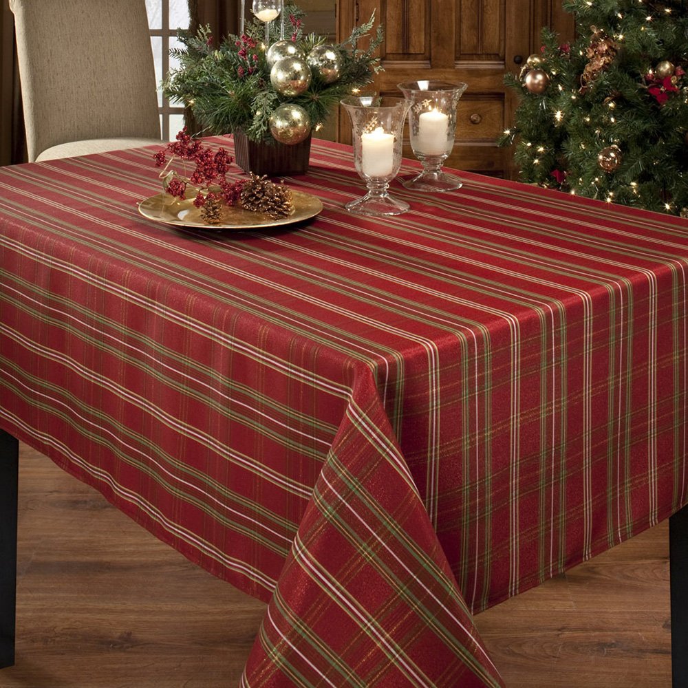 Benson Mills Christmasville Metallic Fabric Tablecloth, 60-Inch-By-120 Inch