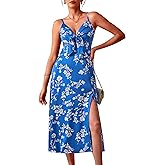 Fashionme Women Spaghetti Strap Midi Satin Dresses Tie Front Backless Slit Cutout Dress Semi-Formal/Casual Flowy Lightweight