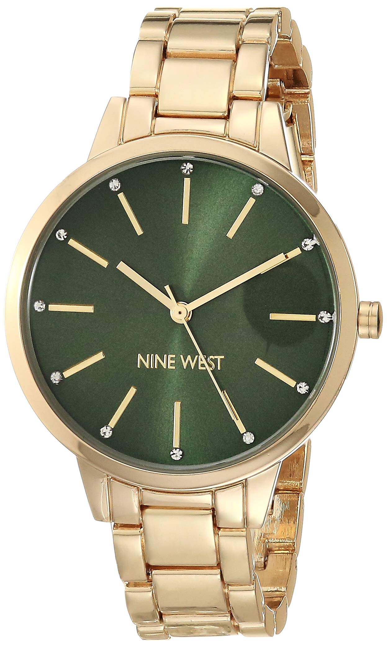 Nine West Women's Crystal Accented Bracelet Watch,Green/Gold