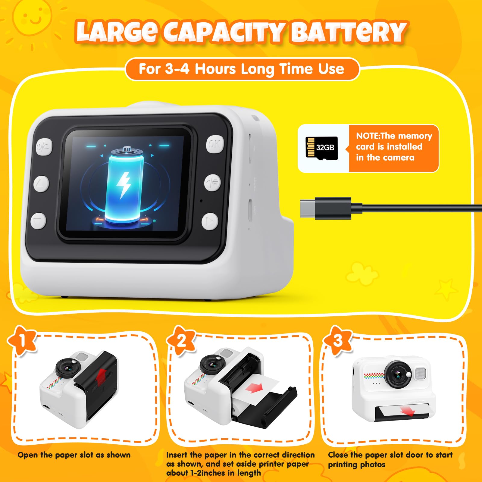 Kids Instant Print Camera, 1080P HD Kids Camera Instant Print with 3 Rolls Print Paper & 32GB Card, Ideal Kids Toys Gifts for Boys & Girls Age 3-14 (Black)