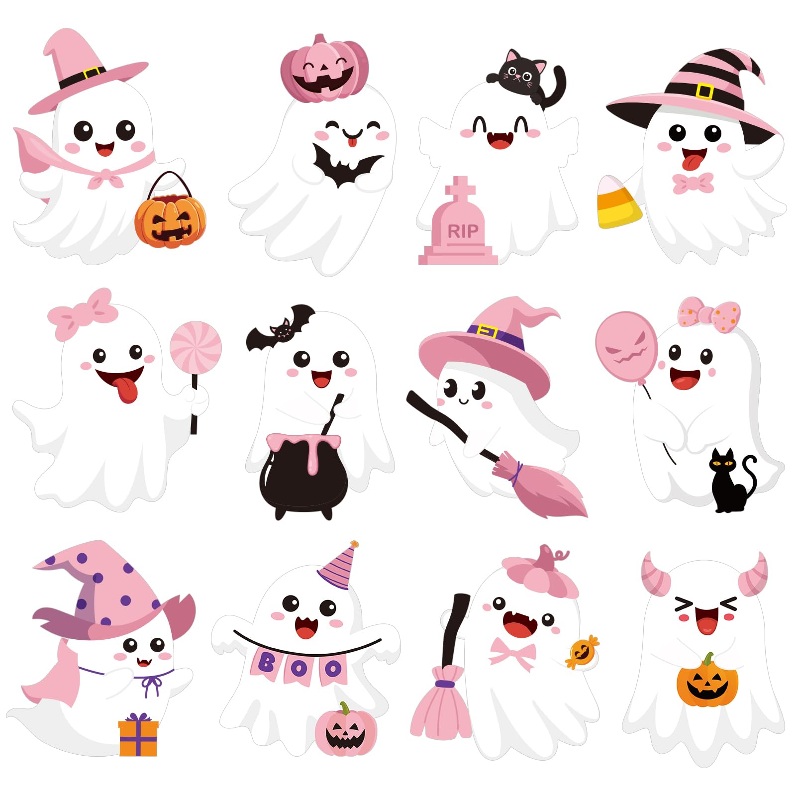 Photo 1 of Kosiz 60 Pcs Halloween Decorations for Classroom Pink Ghost Cutouts Cute Ghost Bulletin Board Decor with Adhesive Points for Pink Halloween Theme Party Home Classroom Office Wall Decor, 12 Style(Boo)