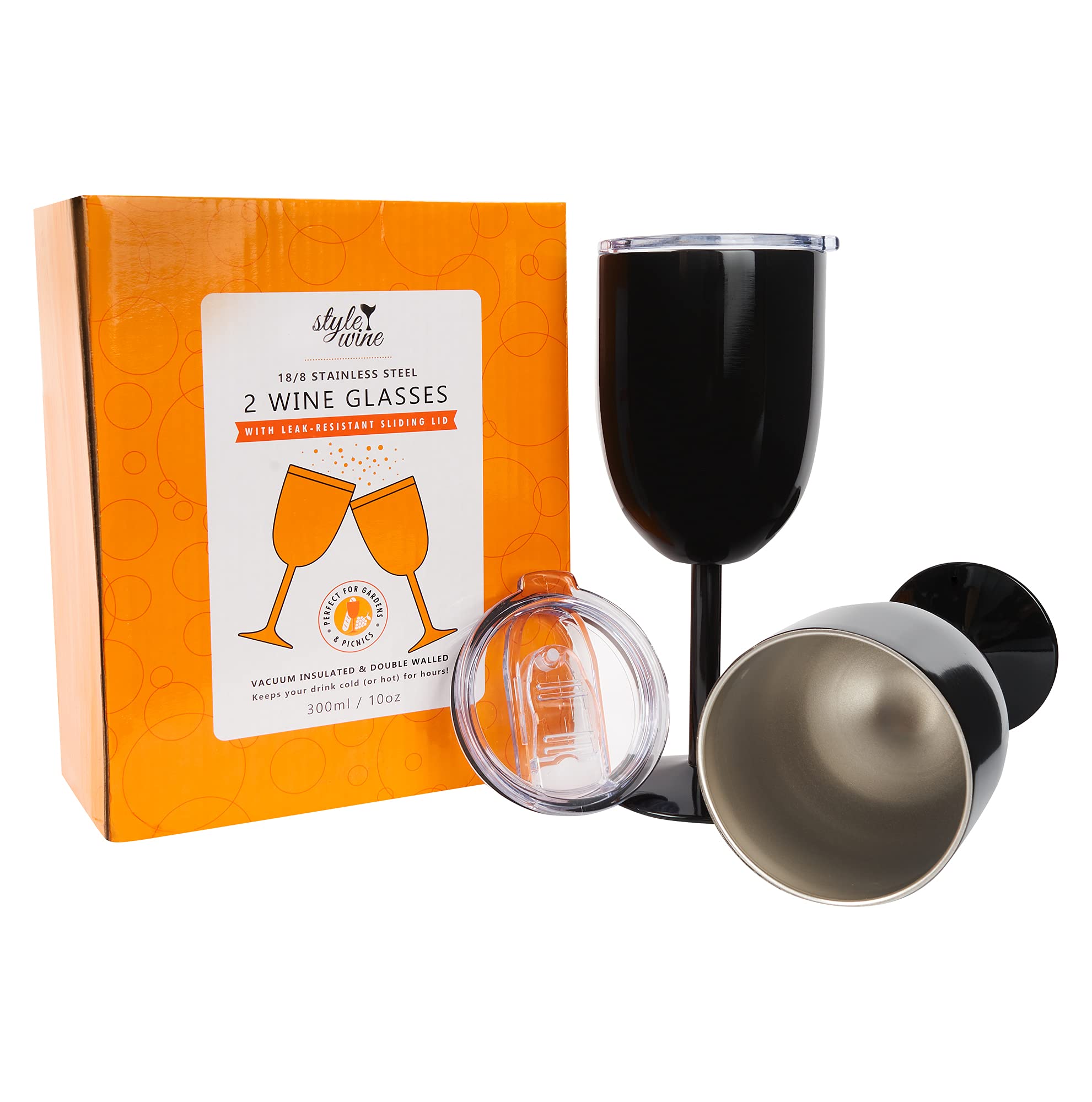 Stainless Steel Spillproof Wine Glasses - Set of 2 Leak Resistant Sliding Lid White Pink Black Rose Gold 300ml. Unbreakable Sustainable for Picnics Outdoor Travel — image 1