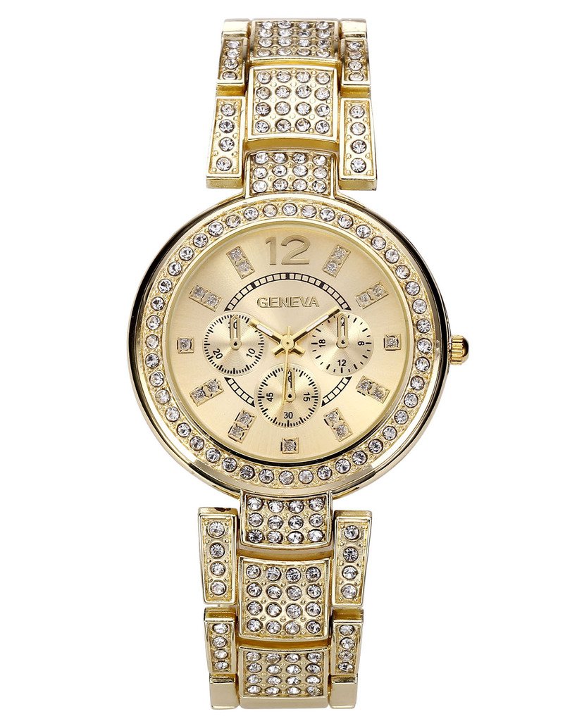 Top Plaza Women Luxury Fashion Gold Tone Bracelet Analog Watch Rhinestone Crystals Accented Metal Quartz Watch With Decorative Chronograph