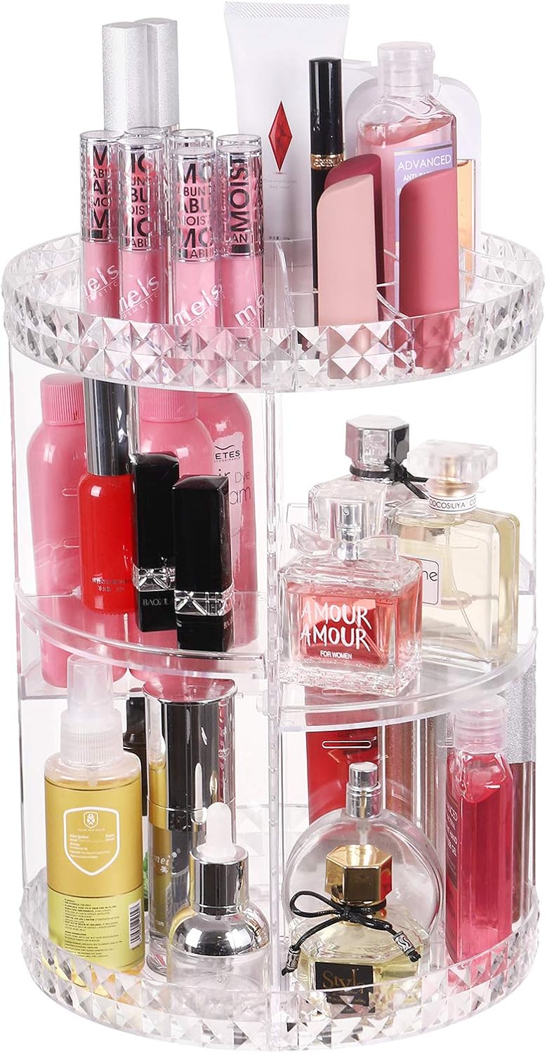 Deksias 360 Rotating Makeup Organizer, Adjustable Carousel Acrylic Storage,Large Capacity Spinning Cosmetics Display Case for Bathroom,Bedroom,Dresser or Vanity Countertop (Clear): Home Improvement