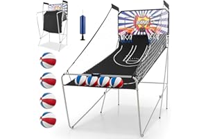 Goplus Foldable Dual Shot Basketball Arcade Game, Electronic Basketball Hoop w/LCD Scoreboard, 8 Game Modes, 4 Balls, Indoor Outdoor Basketball Game Machine for Adults (White+Navy)