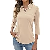 AKEWEI Womens 3/4 Length Sleeve Tops V Neck Casual Basic Tees Work Polo Shirts Collared Summer Top with Front Pocket