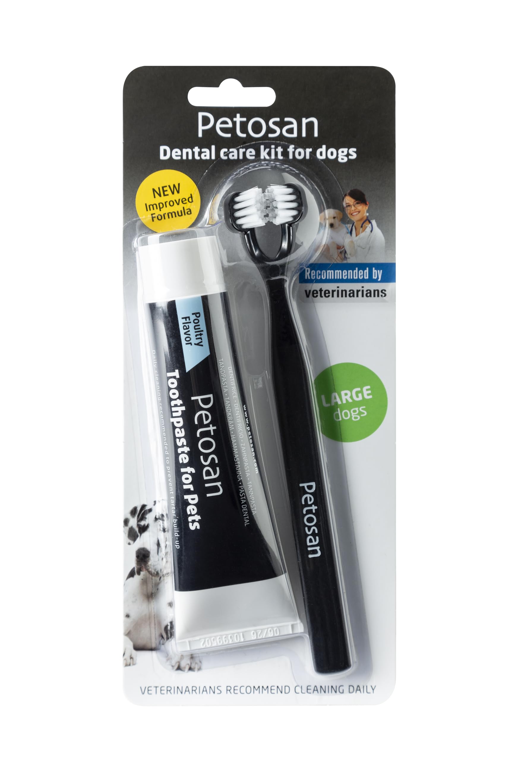 Petosan Dental Care Kit for Large Dogs - Double-Headed Dog Toothbrush and Toothpaste Set (16kg+) - Plaque and Tartar Removal, Fresh Breath, Recommended by Vets, Poultry Flavour.