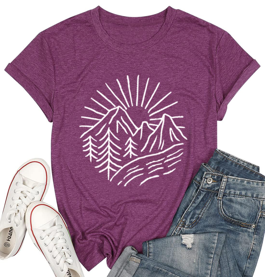 Photo 1 of Nature Printed Cotton Tees for Women Cute Casual Short Sleeve Tops Summer Tshirts Shirts Cool Hiking Camping Graphic Clothes Purple L