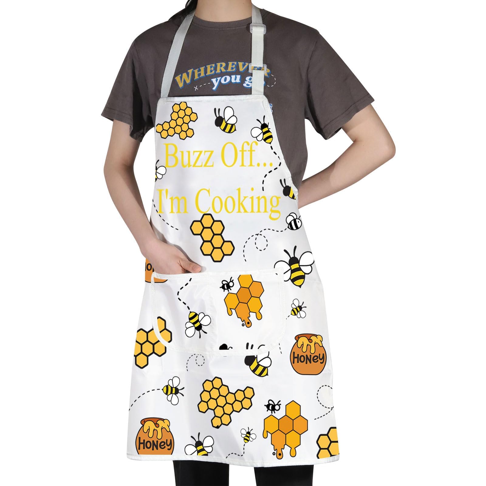MYSOMY Bee Apron With Pockets Honey Bee Kitchen Apron Queen Bee Aprons For Women Honeycomb Aprons (Buzz Off I'm Cooking white ap)