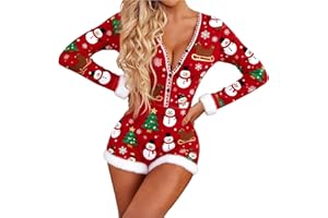 Karwuiio Women Christmas Romper Pajamas Sexy V-Neck One Piece Shorts Pjs Jumpsuit Xmas Bodysuit Rompers Overall