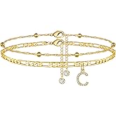 Ursteel Ankle Bracelets for Women, 14K Gold Plated Dainty Layered Chain CZ Initial Anklets Summer Jewelry Gifts for Women