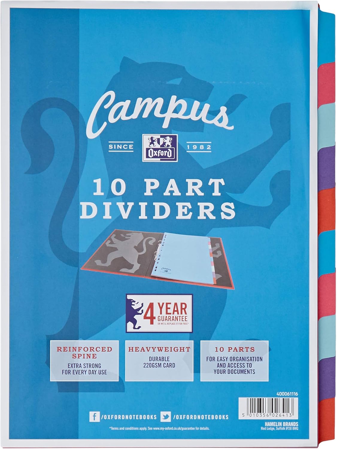 Oxford Campus A4 Size, 10 Part Divider, Multi-Coloured Card Index Dividers for Ring Binders & Lever Arch Files, School Office Filing