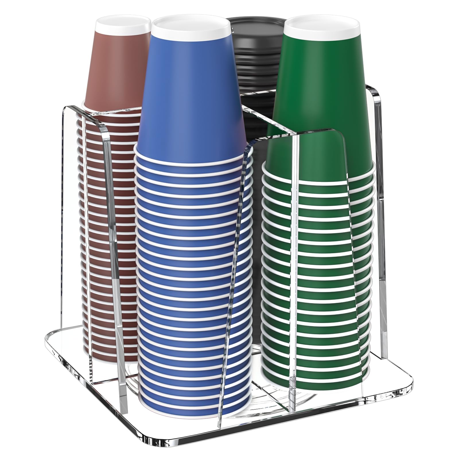 Photo 1 of HOUSEDOMO Coffee Cup Organizer for Countertop - Rotating Plastic Cup Holder 4 Compartments Clear Acrylic Cup and Lid Holder for Coffee Bar Restaurant Breakroom Disposable Paper Coffee Cup Dispenser