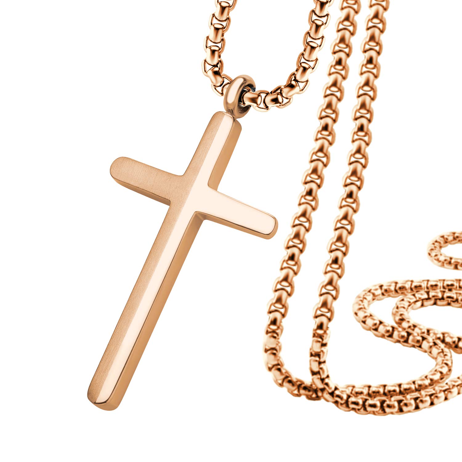 555Jewelry Stainless Steel Cross Necklace for Men, Box Link Chain, Cross Pendant for Men, Chain Necklace for Men, Cross Chain for Men, 16 Inch Chain, Rose Gold