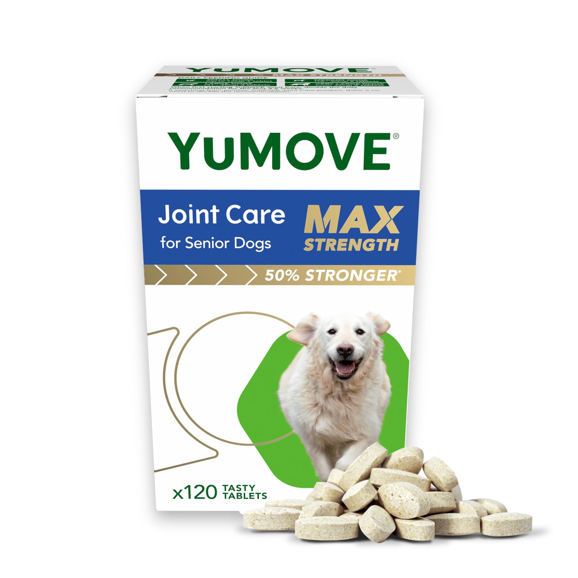 YuMOVE Max Strength Joint Supplement for Senior Dogs, Hip & Joint Aid with Glucosamine, Chondroitin, Green Lipped Mussel, 120 Tablets - Eco Friendly and Letter Box Ready Packaging