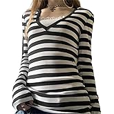 Y2k Striped Grunge Goth Shirt Women Long Sleeve Vintage Aesthetic Harajuku Tees Teen Girls Slim Fitted Crop Tops
