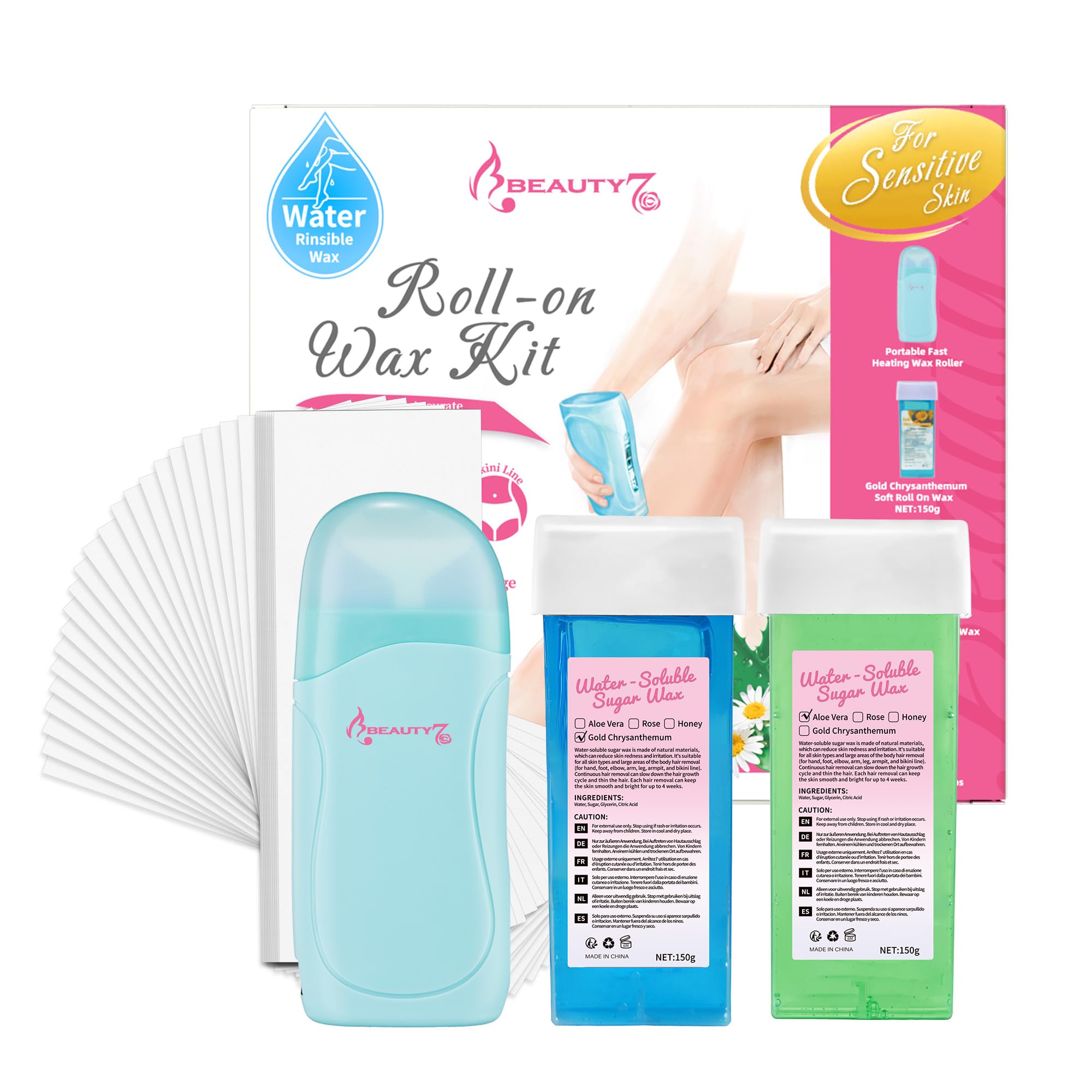 Beauty7 Roll on Wax Kit with Aloe Vera + Chamomile 150g Wax Cartridges, 100pcs Non-Woven Wax Strips for Hair Removal, Roller Waxing Kit, Portable Thermostable Wax Warmer Depilatory Wax Kits