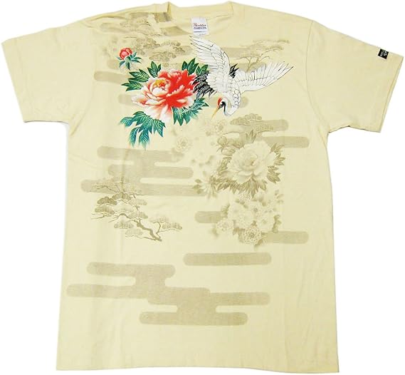 Amazon ｔシャツ メンズ 和柄 手捺染 半袖 薄ベージュ地鶴と牡丹 Tシャツ カットソー 通販