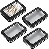 KFHENSOMR 4 Pcs Travel Cotton Swab Holder, Portable Floss Pick Holder, Clear Dustproof Travel Qtips Case with Lid, Metal Cotton Ball Holders for Dental Floss, Hair Ties & Small Items (Black)