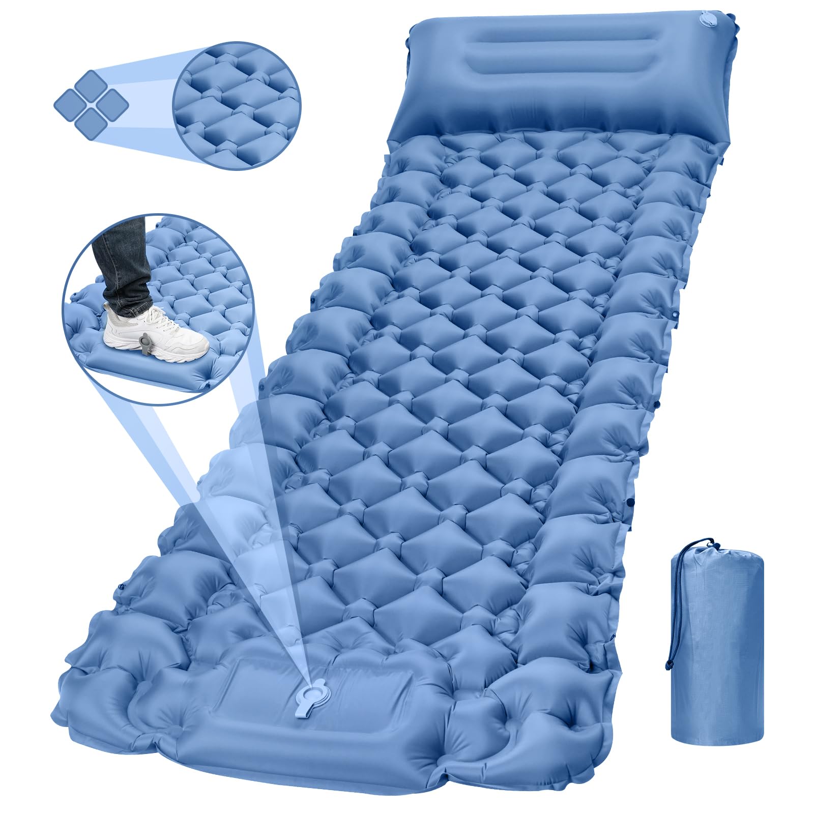 Sleeping Mat for Camping, 200x64x10CM Camping Mat Ultralight Inflatable Camping Sleeping Pad with Pillow Built-in Pump, Ultimate for Backpacking, Hiking, Tent Air Mattress (Navy Blue)