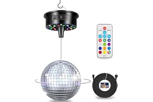 Disco Ball with Motor and 6 Inch Mirror Ball, Rotating 0/3/6/9/12/15 RPM Variable Speed,12 Lighting Colors and 4 Light Modes,