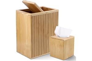 BSSN Bamboo Waste Basket and Tissue Holder,3 Gal Decorative Bathroom Recycling Trash Can, Farmhouse Rustic Trash Bin Tissue Box Cover Square Cube, for Bathroom, Bedroom, Dinner Table, Office, Kitchen