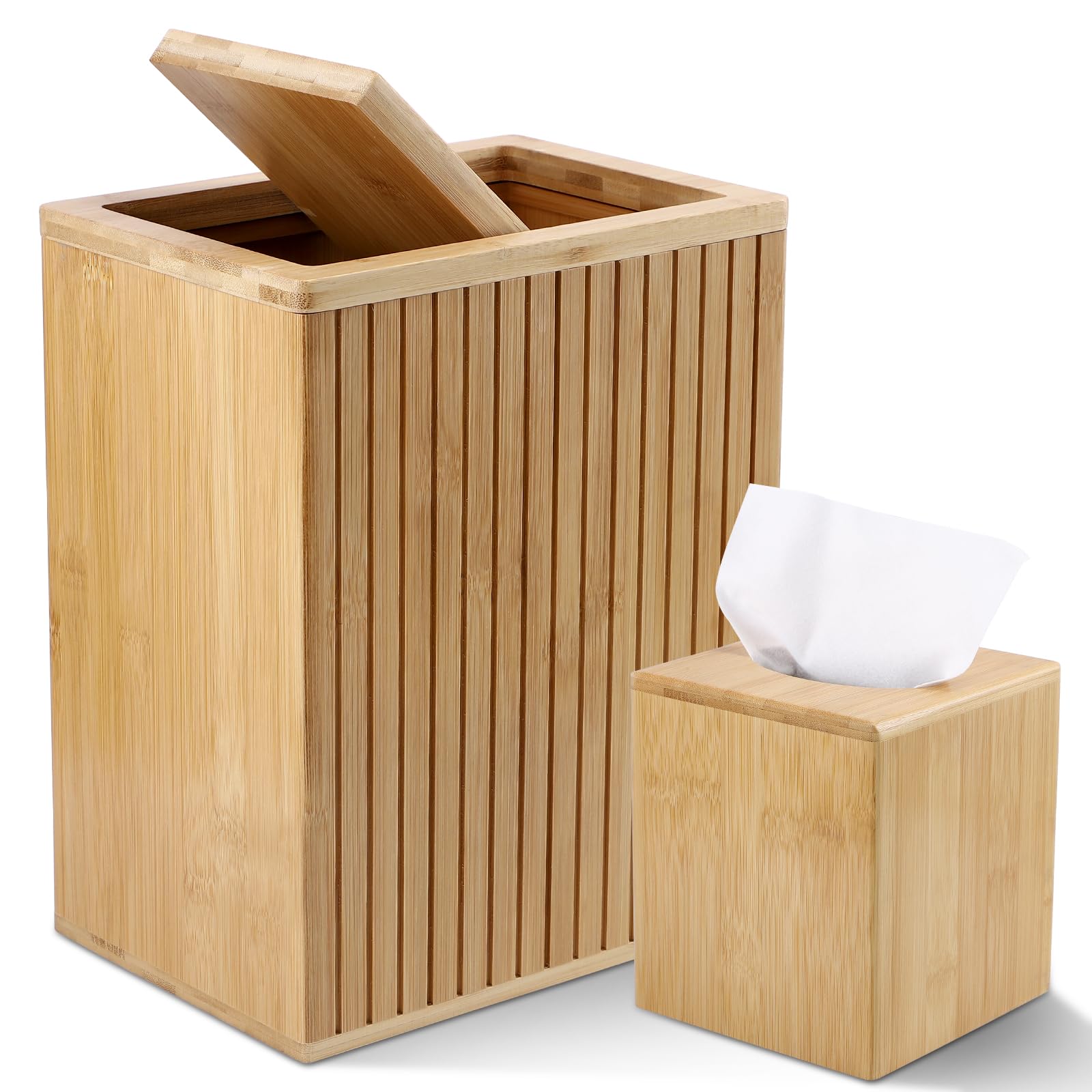 Photo 1 of BSSN Bamboo Waste Basket and Tissue Holder,3 Gal Decorative Bathroom Recycling Trash Can, Farmhouse Rustic Trash Bin Tissue Box Cover Square Cube, for Bathroom, Bedroom, Dinner Table, Office, Kitchen